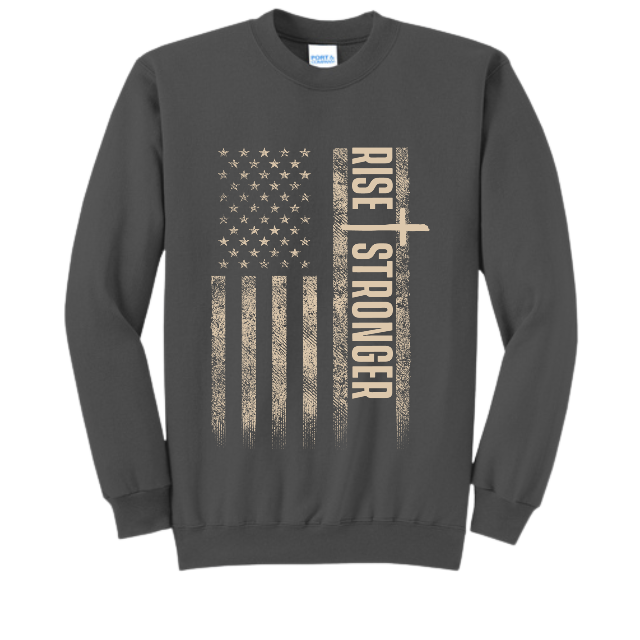Grey patriotic / Christian sweatshirt with tattered American flag and Rise Stronger on the front in cream color.