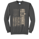 Grey patriotic / Christian sweatshirt with tattered American flag and Rise Stronger on the front in cream color.