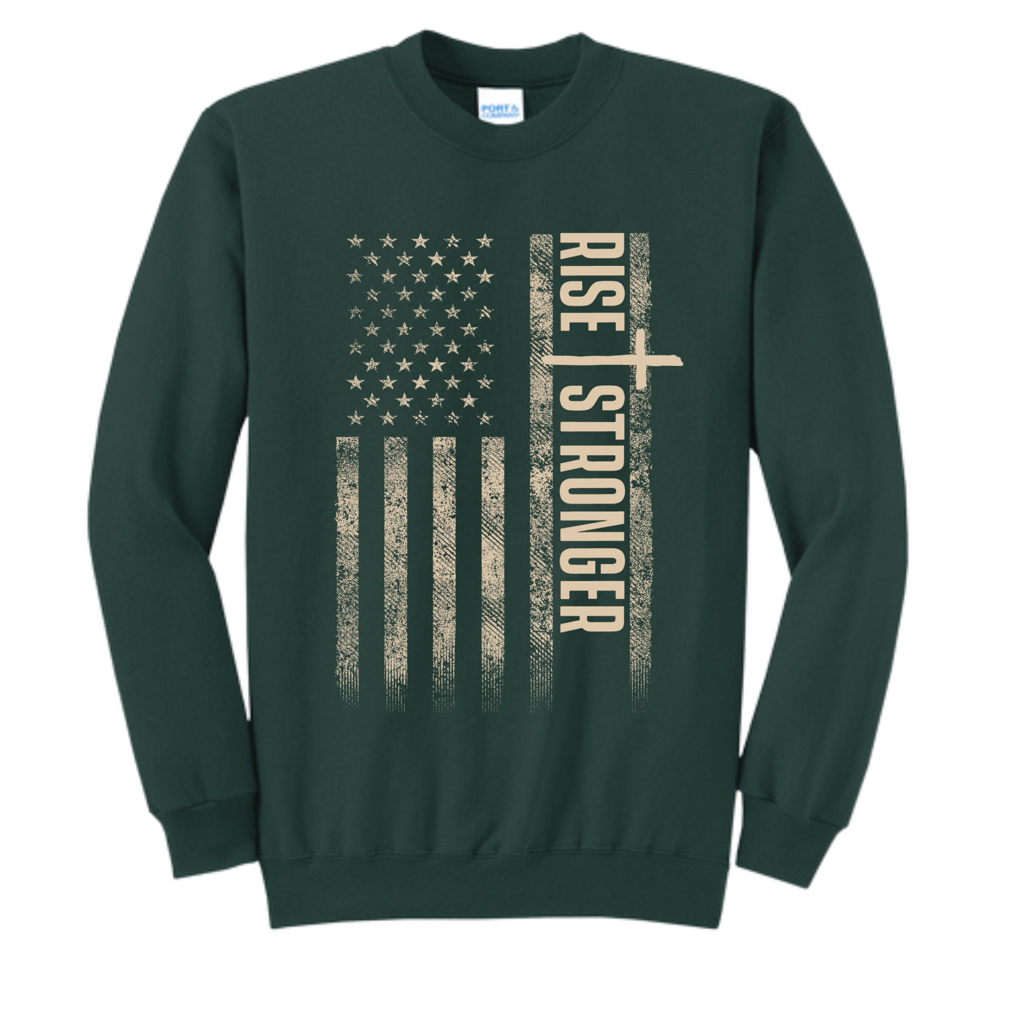 Christian crewneck sweatshirt with tattered American flag and Rise Stronger on the front in cream color over a dark green garment.