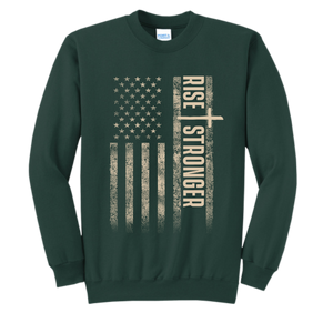Christian crewneck sweatshirt with tattered American flag and Rise Stronger on the front in cream color over a dark green garment.