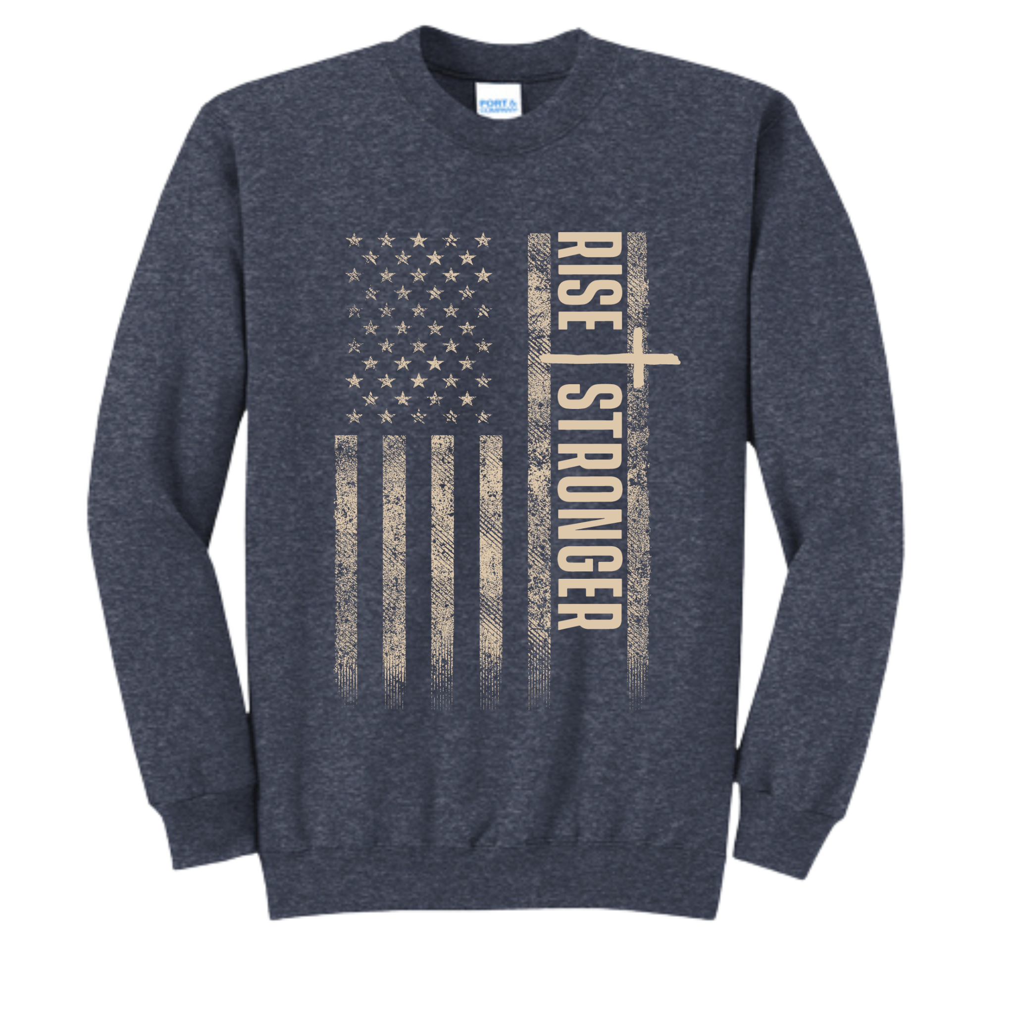 Christian crewneck sweatshirt with tattered American flag and Rise Stronger on the front in cream color over a heather navy blue garment.