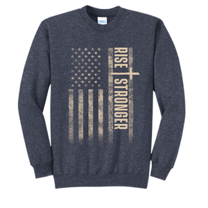 Christian crewneck sweatshirt with tattered American flag and Rise Stronger on the front in cream color over a heather navy blue garment.