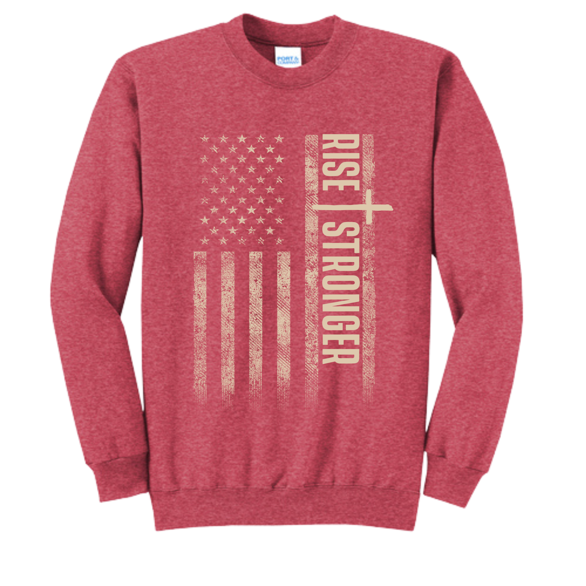 Christian crewneck sweatshirt with tattered American flag and Rise Stronger on the front in cream color over a red garment.