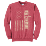 Christian crewneck sweatshirt with tattered American flag and Rise Stronger on the front in cream color over a red garment.