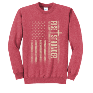 Christian crewneck sweatshirt with tattered American flag and Rise Stronger on the front in cream color over a red garment.
