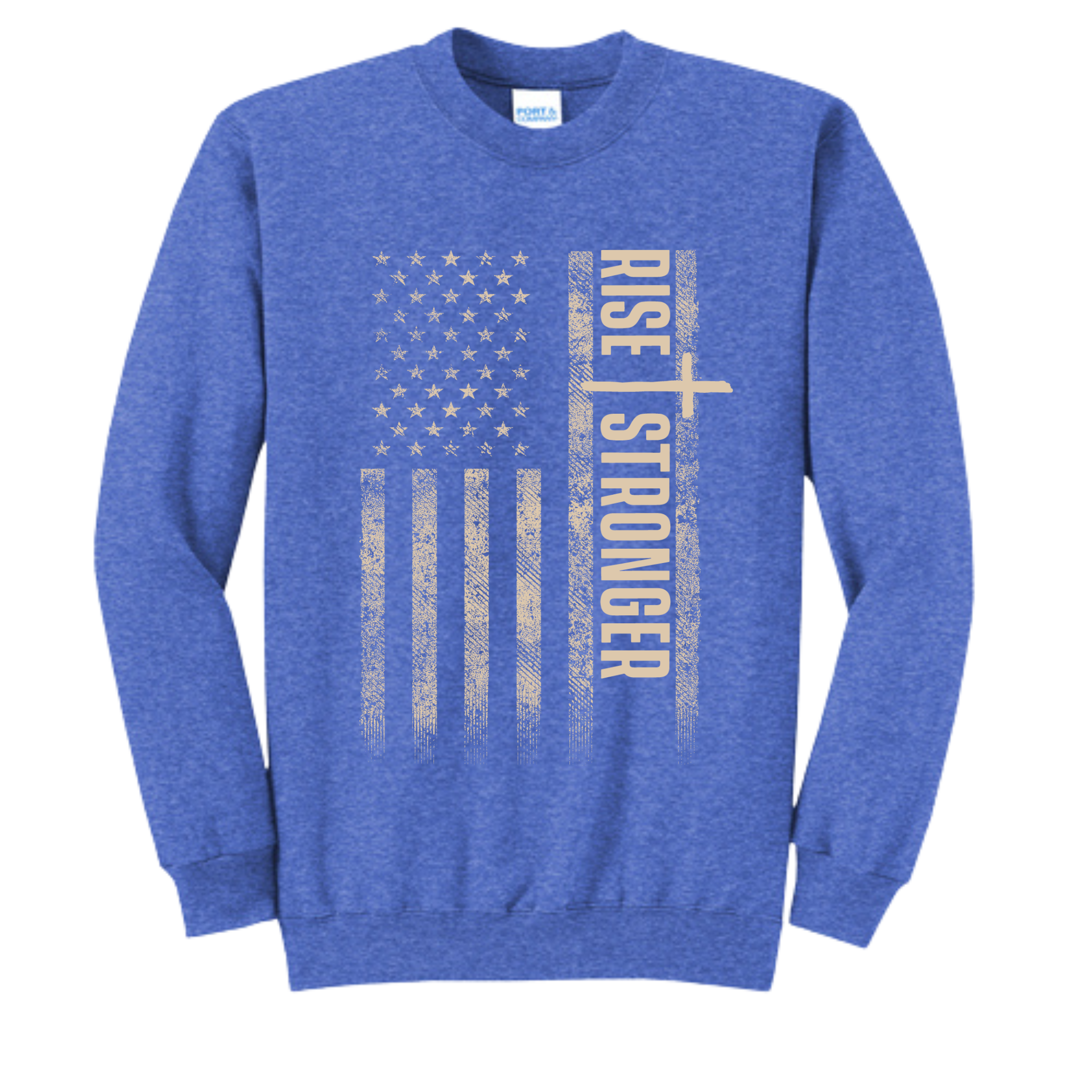 Royal Blue  Christian sweatshirt with tattered American flag and Rise Stronger on the front in cream color.