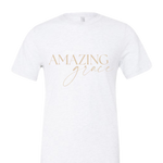 White Christian t-shirt with 'Amazing Grace' printed in gold.
