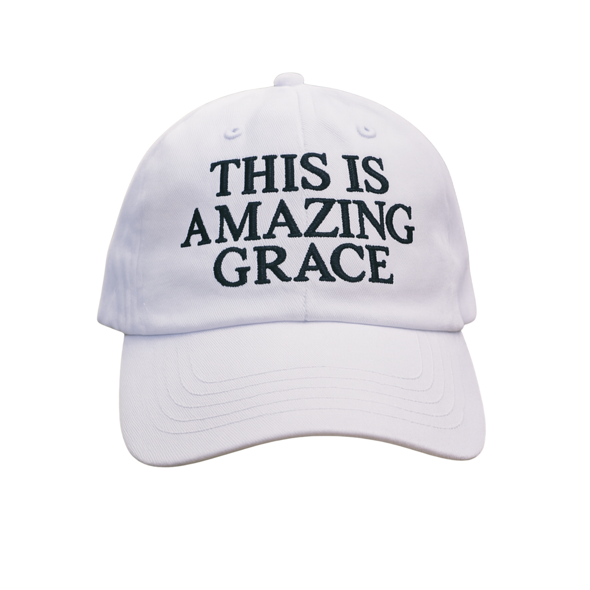 White Christian cap with 'THIS IS AMAZING GRACE' text embroidered in blue