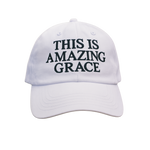 White Christian cap with 'THIS IS AMAZING GRACE' text embroidered in blue