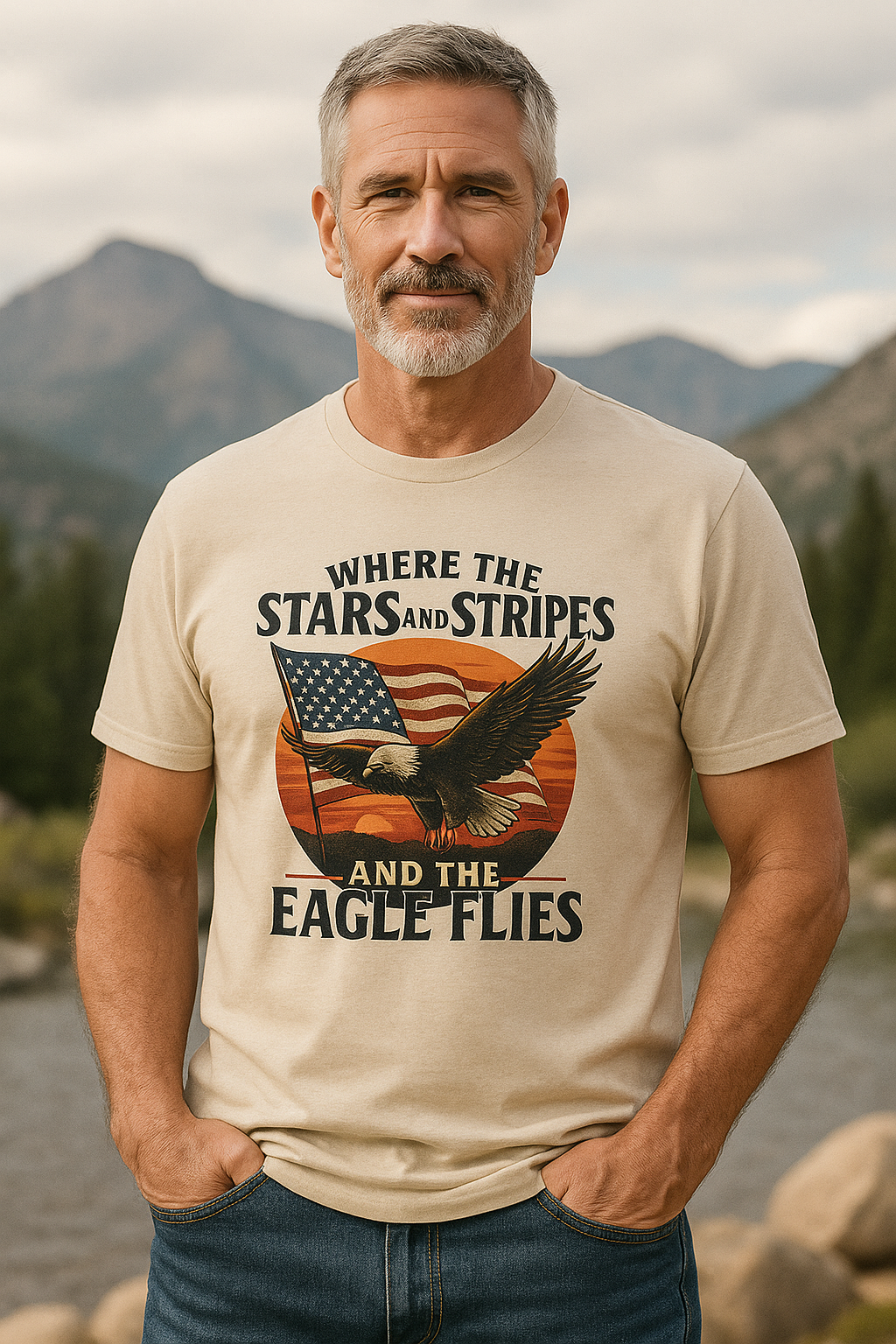 Man wearing a cream colored Christian & patriotic t-shirt with 'Where the Stars & Stripes and Eagle Flies' on the front. 