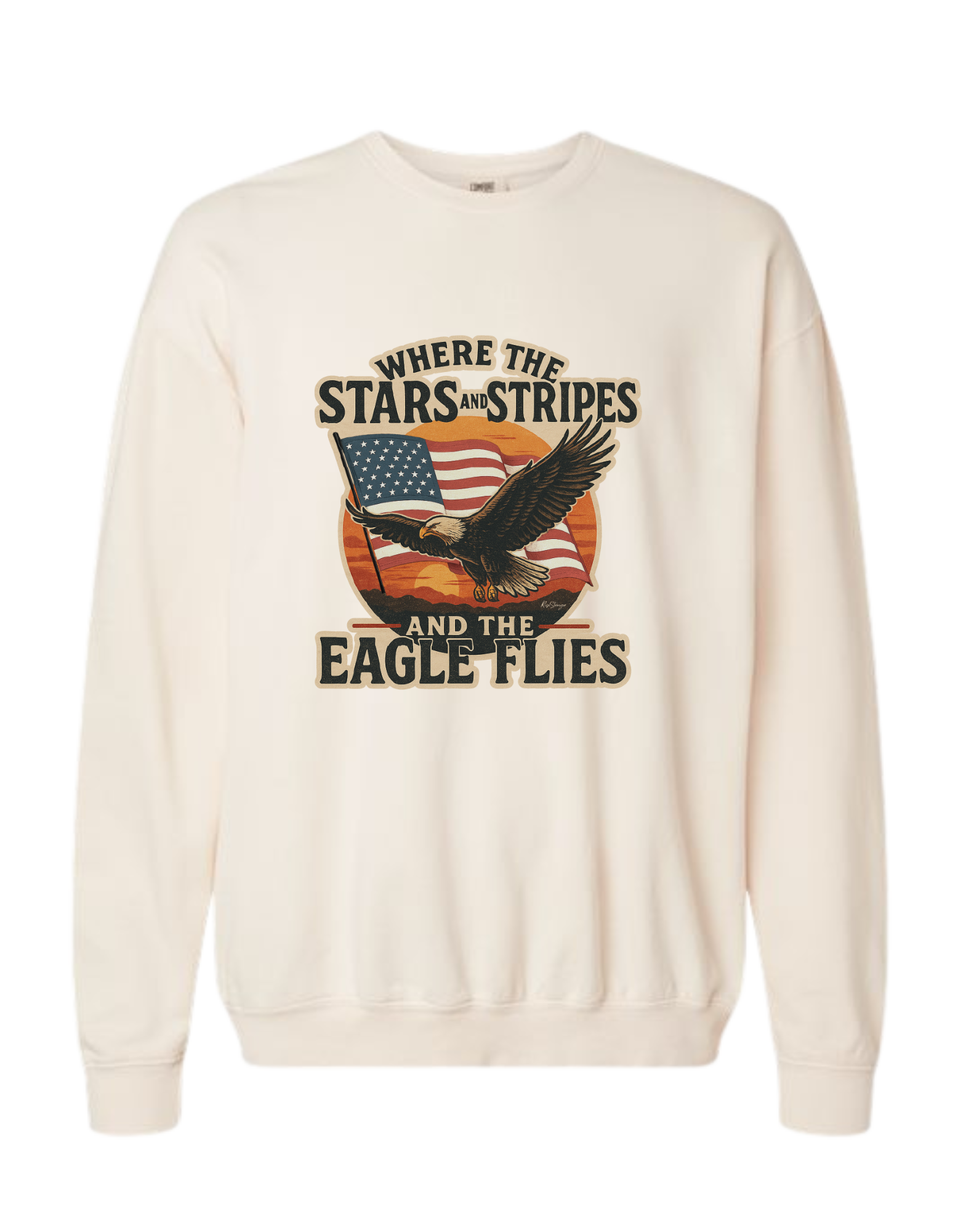 A cream colored Christian & patriotic crewneck sweatshirt with Where the Stars & Stripes and Eagle Flies on the front. 