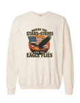 A cream colored Christian & patriotic crewneck sweatshirt with Where the Stars & Stripes and Eagle Flies on the front. 