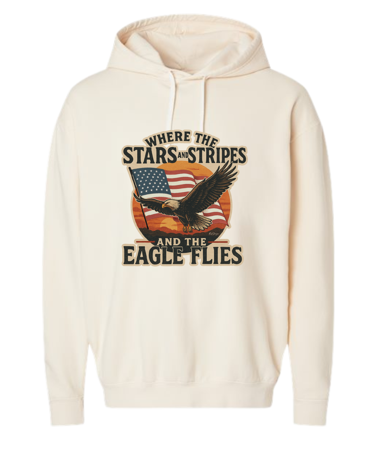 Cream colored Christian & patriotic hoodie with Where the Stars & Stripes and Eagle Flies on the front. 