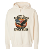 Cream colored Christian & patriotic hoodie with Where the Stars & Stripes and Eagle Flies on the front. 