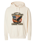 Cream colored Christian & patriotic hoodie with Where the Stars & Stripes and Eagle Flies on the front. 