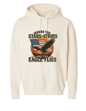 Cream colored Christian & patriotic hoodie with Where the Stars & Stripes and Eagle Flies on the front. 