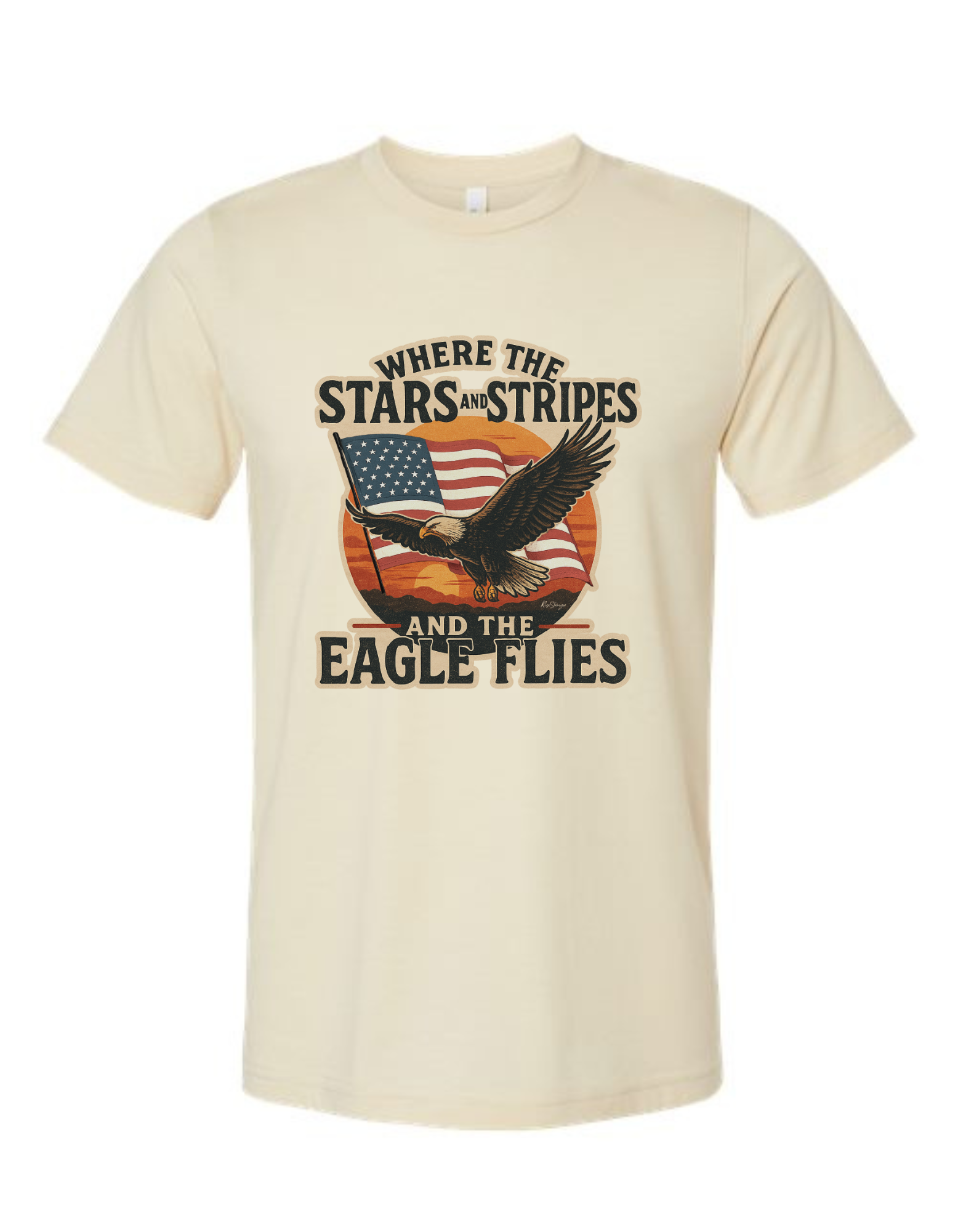 A cream colored Christian & patriotic t-shirt with 'Where the Stars & Stripes and Eagle Flies' on the front. 