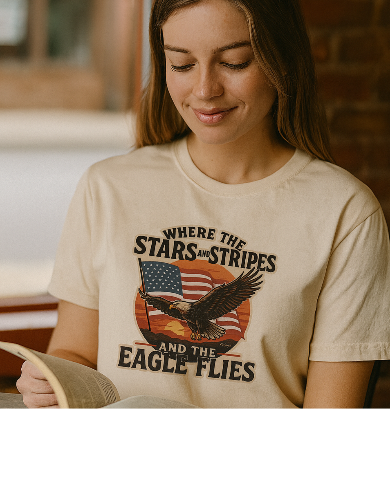 Patriotic woman wearing a t-shirt with an eagle and American flag design.