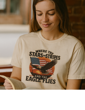Patriotic woman wearing a t-shirt with an eagle and American flag design.